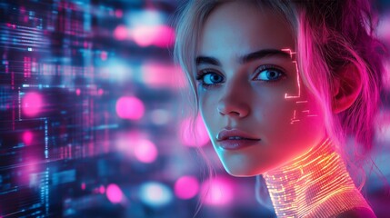 Beautiful Young Woman with Cyberpunk Neon Digital Overlay and Futuristic Augmented Reality Interface