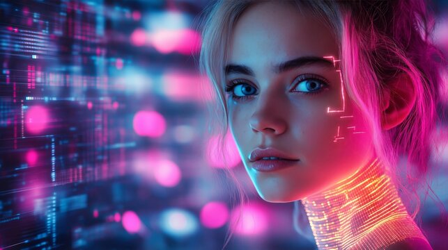 Beautiful Young Woman with Cyberpunk Neon Digital Overlay and Futuristic Augmented Reality Interface
