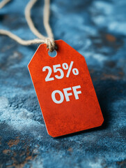 Red 25% off sale tag on blue textured background.