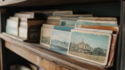 A collection of old postcards and books on a wooden shelf.