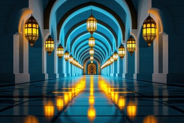 Fototapeta premium An arched entryway to a mosque is adorned with glowing lanterns and warm yellow lights, creating an inviting atmosphere for worshippers during the sacred nights of Ramadan