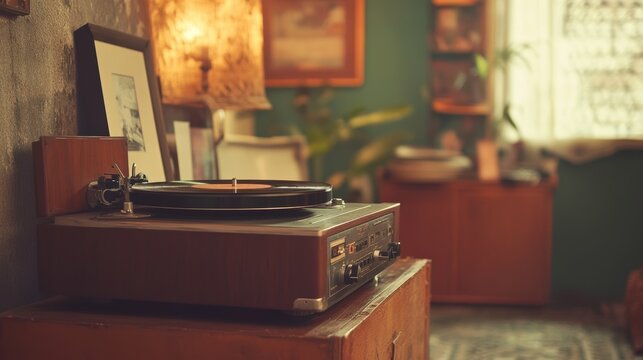 A vintage record player sits on a wooden cabinet in a cozy living room.