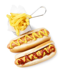 Tasty hot dogs with fries isolated on white, top view