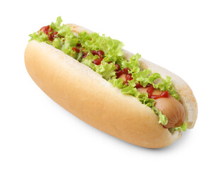 Tasty hot dog with lettuce and ketchup isolated on white