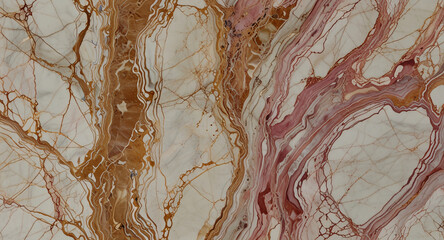 A marble features a blend of pink and beige tones, with prominent golden-brown veins running across the surface, creating an organic and luxurious appearance.