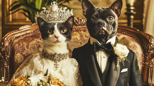 Luxurious 1920s Art Deco wedding portrait of a dog and cat in elegant attire