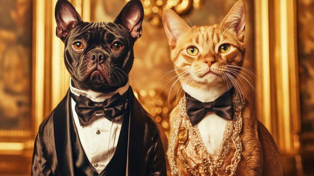 Elegant 1920s Art Deco wedding portrait featuring a dog and cat in lavish attire