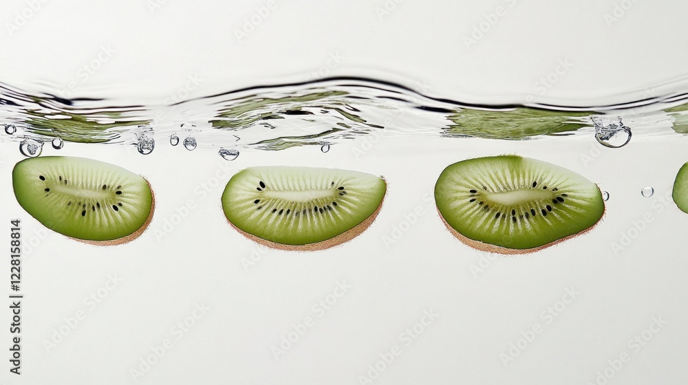 Poster slices of fresh kiwi floating in clear water with bubbles and rippled surface