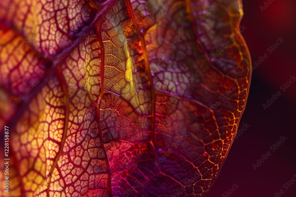 Poster backlit leaf showcasing intricate veins and glowing colors, creating a mesmerizing macro image