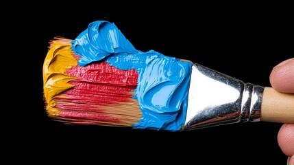 Paintbrush with Colors: A close-up shot of a paintbrush laden with vibrant hues of blue, red, and yellow, against a stark black background.  The texture of the paint is palpable.