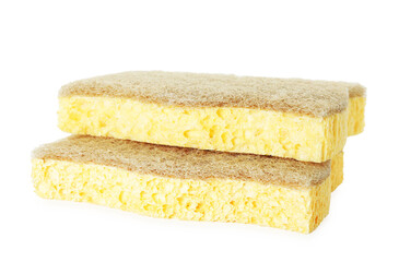 Two yellow sponges isolated on white. Cleaning supply