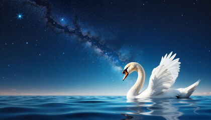 Swan gliding across calm ocean under starry sky, surreal serenity