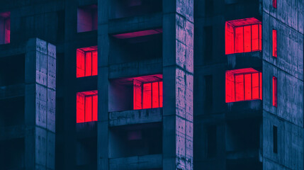 Obraz premium Brutalist cityscape illuminated by red windows at night with deep shadows and concrete structures