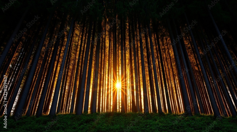 Poster sunset forest path: sun rays pierce through tall, dark trees in a dense forest, creating a dramatic 