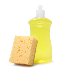Sponge and bottle of dish soap isolated on white. Cleaning tool