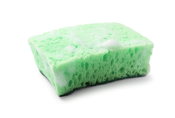 Green sponge and foam isolated on white. Cleaning tool