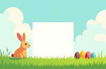 Obraz premium A white square background in the center for text, near which an Easter bunny is sitting and colorful Easter eggs are lying against a background of grass and clouds. The concept of Easter holiday