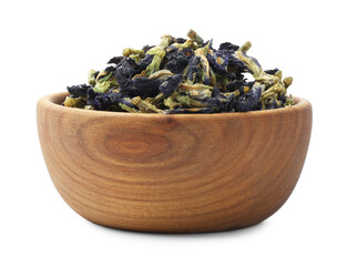 Butterfly pea flower tea. Dry Clitoria ternatea petals in bowl isolated on white