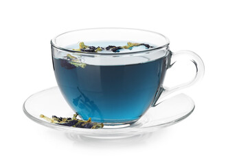Fresh butterfly pea flower tea in cup isolated on white