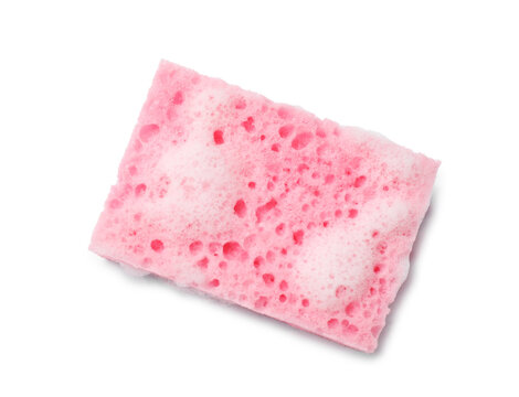 Pink sponge and foam isolated on white, top view. Cleaning tool