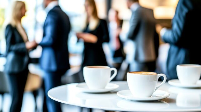 Cappuccino cups on table with blurred business professionals in a corporate meeting setting