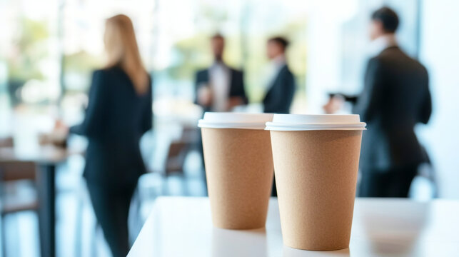 Cappuccino cups on a table at a luxury corporate meeting with blurred professionals