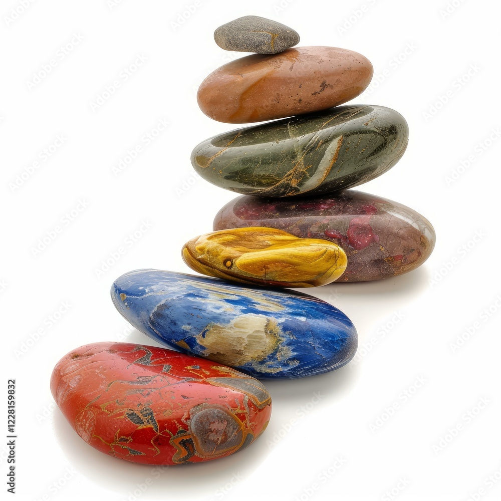 Poster stack of colorful polished stones balancing on white background, creating a peaceful and harmonious 