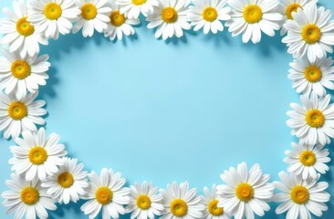 Fototapeta premium A frame of daisy flowers with white petals and a yellow core on a blue background with free space in the center for text. The concept of postcards, congratulations, information.