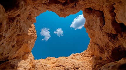 Cave Opening to Blue Sky: A breathtaking view of a vibrant blue sky with fluffy white clouds, framed by the rough, textured opening of a sandstone cave.