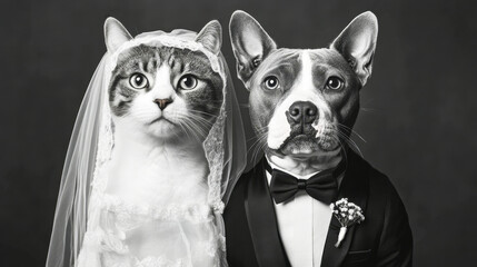 Obraz premium Sophisticated cat and dog in wedding attire, classic studio portrait from the early 1900s