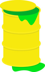 Yellow metal barrel with a toxic green leak. Metal barrel with toxic waste. Vector illustration.