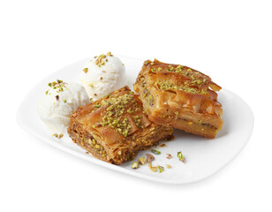 Delicious baklava with crushed nuts and ice cream isolated on white