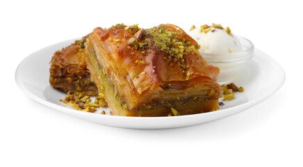 Tasty baklava with chopped nuts and scoop of ice cream isolated on white