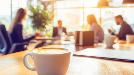 Cappuccino cups with latte art in a modern office meeting setting during natural light