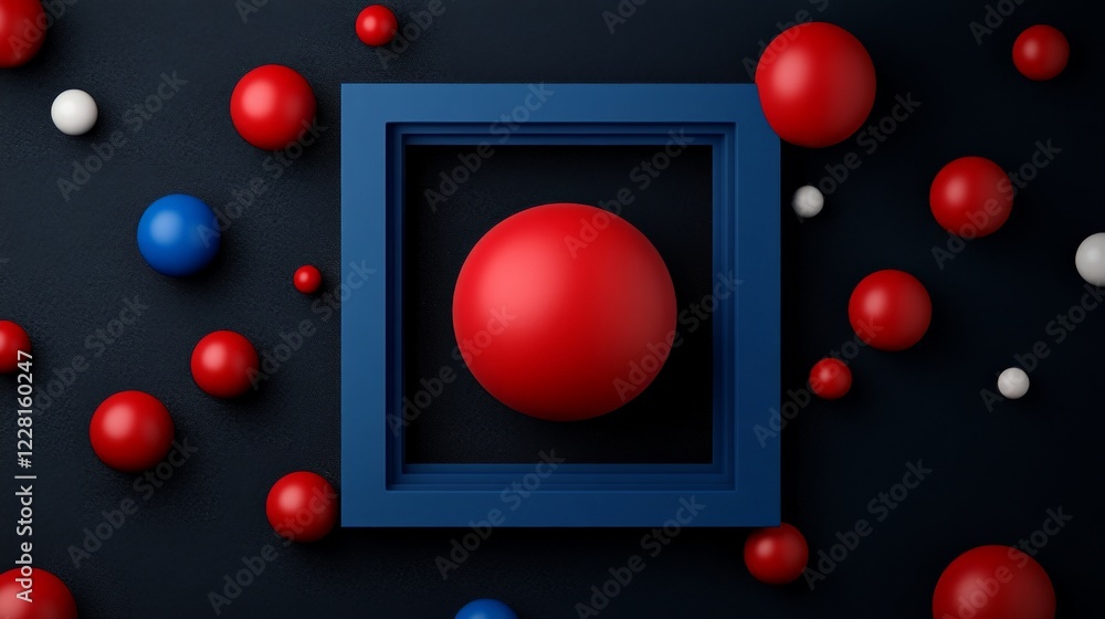 Poster red sphere in a blue frame: a minimalist 3d rendering featuring a vibrant red sphere nestled within 