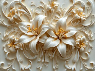 Elegant relief of white lilies with intricate floral patterns.
