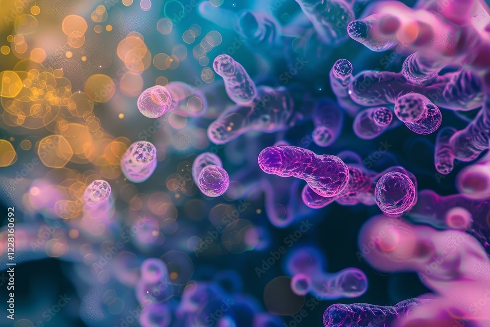 Poster microscopic organisms thriving and reproducing, creating a vibrant and dynamic ecosystem