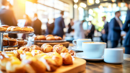 Corporate breakfast networking with cappuccinos and pastries for business professionals