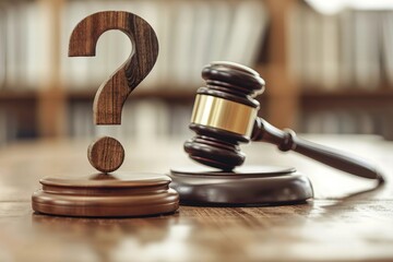 close-up shot of a question mark and an auction gavel side by side, symbolizing the intersection of law, legal matters, and justice.