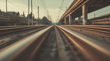 Railway tracks vanishing into the distance, under a bridge.