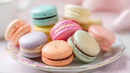 Fototapeta premium Colorful macarons arranged on a delicate plate in a sunny kitchen setting