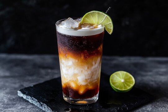 rich and indulgent dirty soda served in a tall, dark glass filled with ice, layered with flavored syrups and creamy coconut cream or half-and-half, and garnished with a slice of lime. Dark background