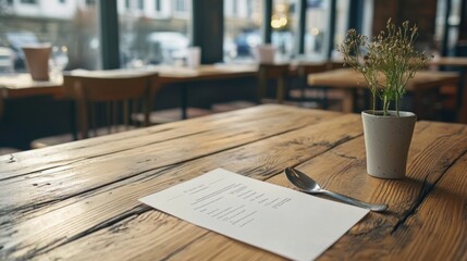 Rustic wooden table in a restaurant with menu, spoon, and flowers.