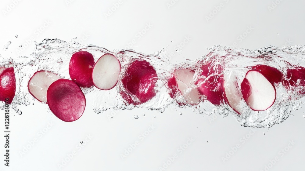 Poster sliced radishes float through clear water on a plain white background, creating a dynamic splash eff