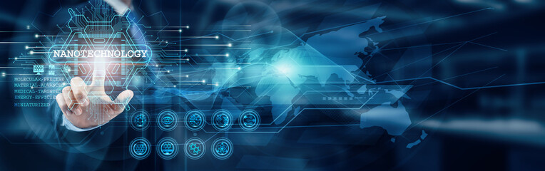 Businessman touch word nanotechnology innovation interface advancement future, technology growth development solutions.