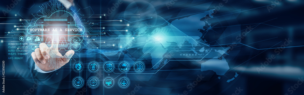 Poster businessman touch word software as a service (saas) is a cloud-based model that delivers application