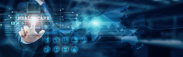 Healthcare. Businessman touch word healthcare innovation medical solutions, patient care digital health technology, healthcare advancements wellness industry, global healthcare, medical technology.