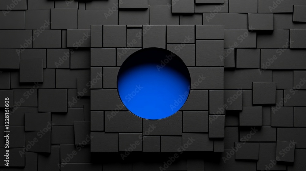 Poster abstract blue portal: a single circular void reveals a mesmerizing blue void, contrasting sharply wi