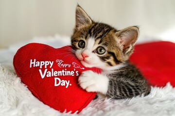 Kitten embracing a red heart-shaped pillow with "Happy Valentine's Day."