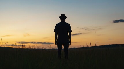 Silhouette of a man in hat watching sunset over field.